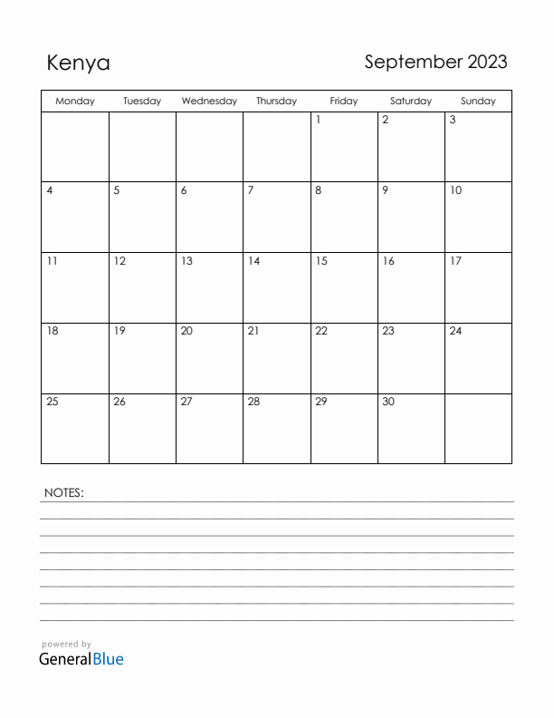 September 2023 Kenya Calendar with Holidays (Monday Start)