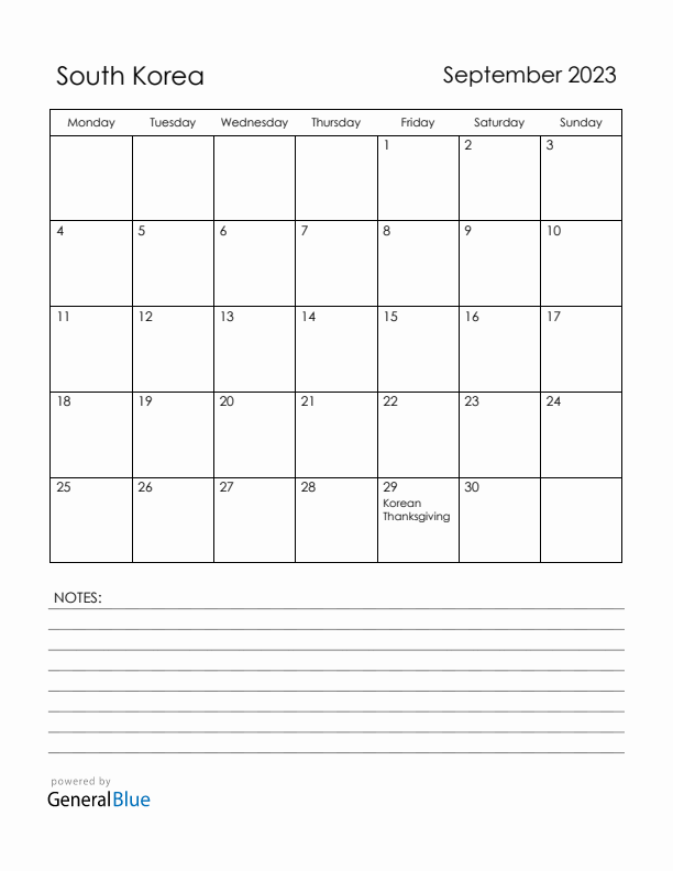 September 2023 South Korea Calendar with Holidays (Monday Start)