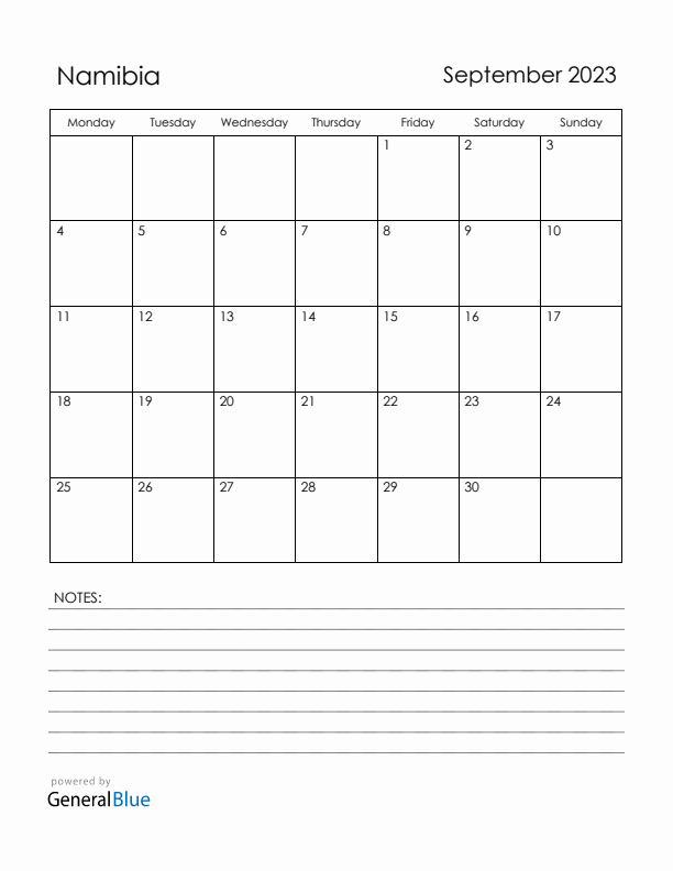 September 2023 Namibia Calendar with Holidays (Monday Start)