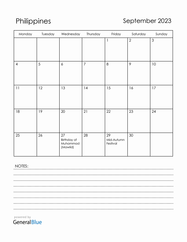 September 2023 Philippines Calendar with Holidays (Monday Start)