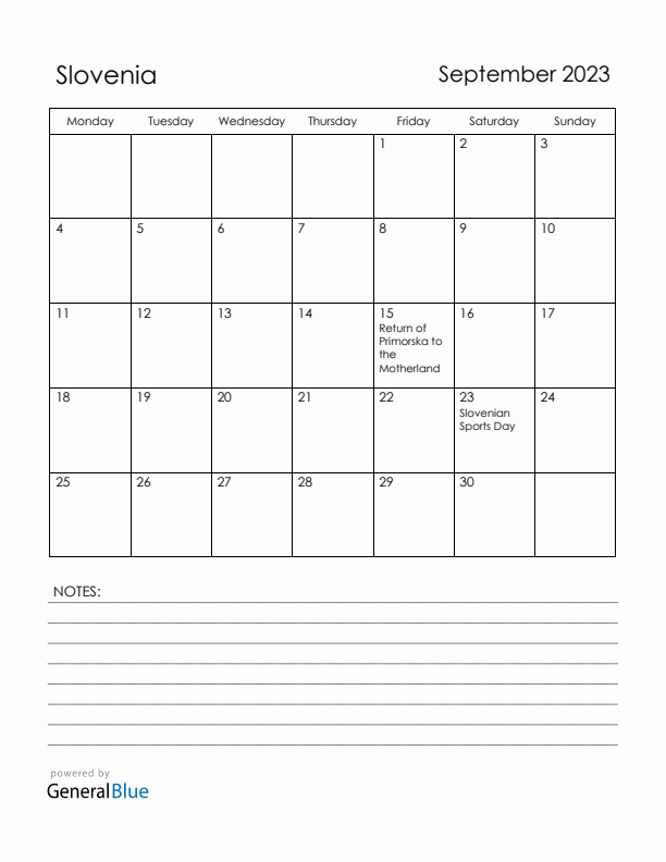 September 2023 Slovenia Calendar with Holidays (Monday Start)