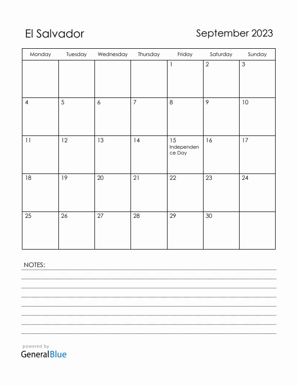 September 2023 El Salvador Calendar with Holidays (Monday Start)