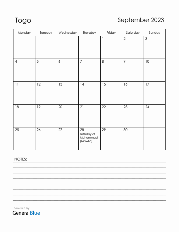 September 2023 Togo Calendar with Holidays (Monday Start)