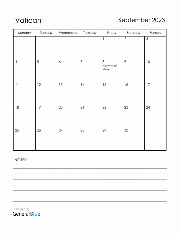 September 2023 Vatican Calendar with Holidays (Monday Start)