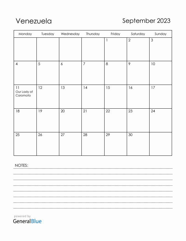 September 2023 Venezuela Calendar with Holidays (Monday Start)