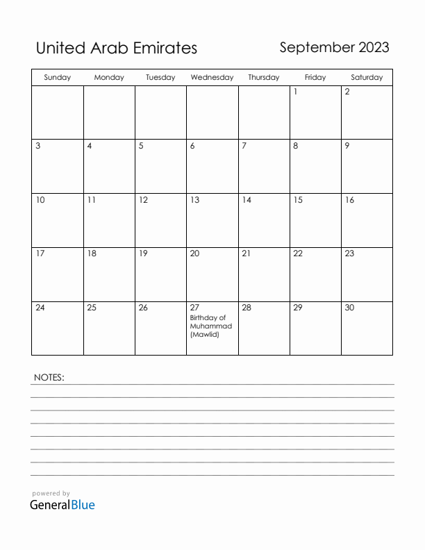 September 2023 United Arab Emirates Calendar with Holidays (Sunday Start)