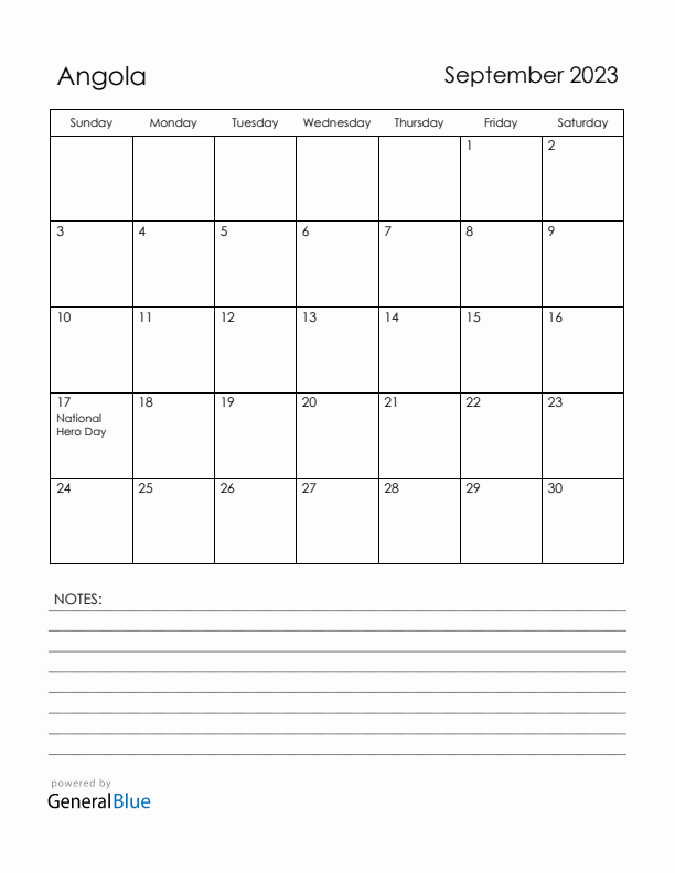 September 2023 Angola Calendar with Holidays (Sunday Start)