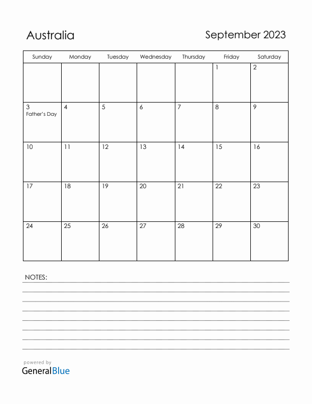 September 2023 Australia Calendar with Holidays (Sunday Start)