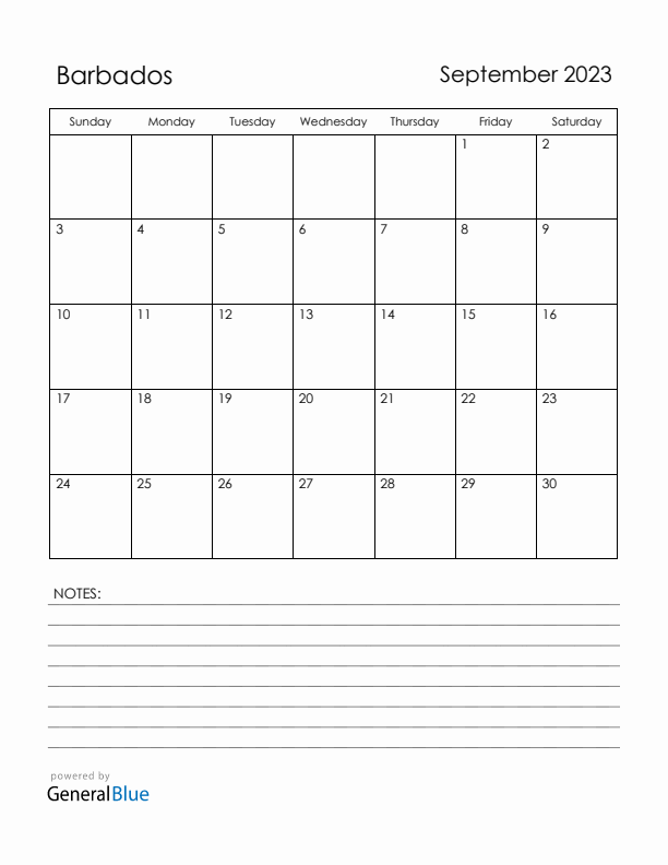 September 2023 Barbados Calendar with Holidays (Sunday Start)