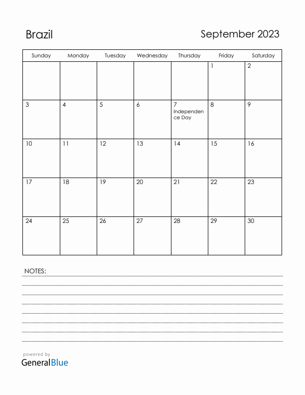 September 2023 Brazil Calendar with Holidays (Sunday Start)