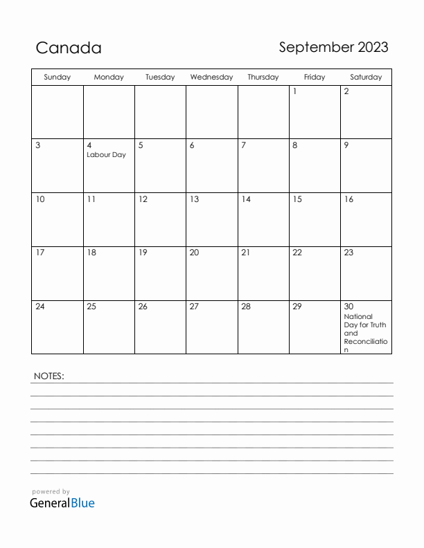 September 2023 Canada Calendar with Holidays (Sunday Start)