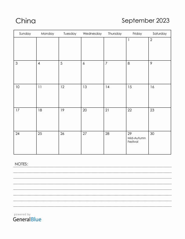 September 2023 China Calendar with Holidays (Sunday Start)