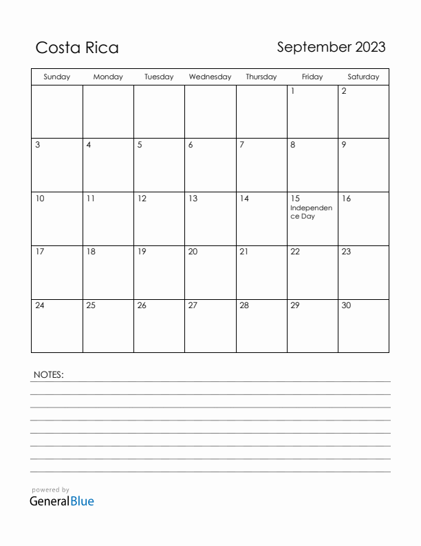 September 2023 Costa Rica Calendar with Holidays (Sunday Start)