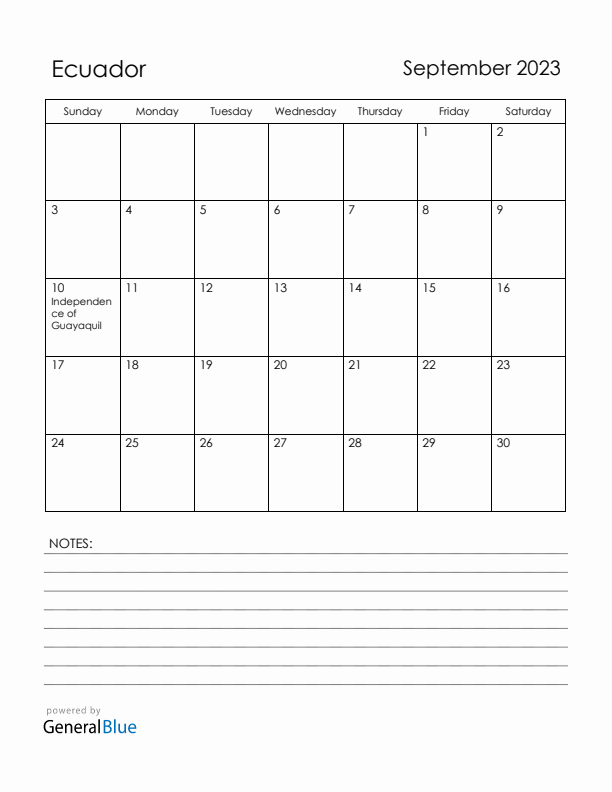 September 2023 Ecuador Calendar with Holidays (Sunday Start)