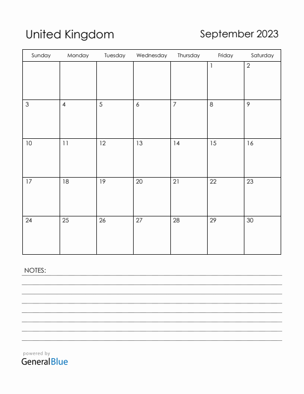 September 2023 United Kingdom Calendar with Holidays (Sunday Start)