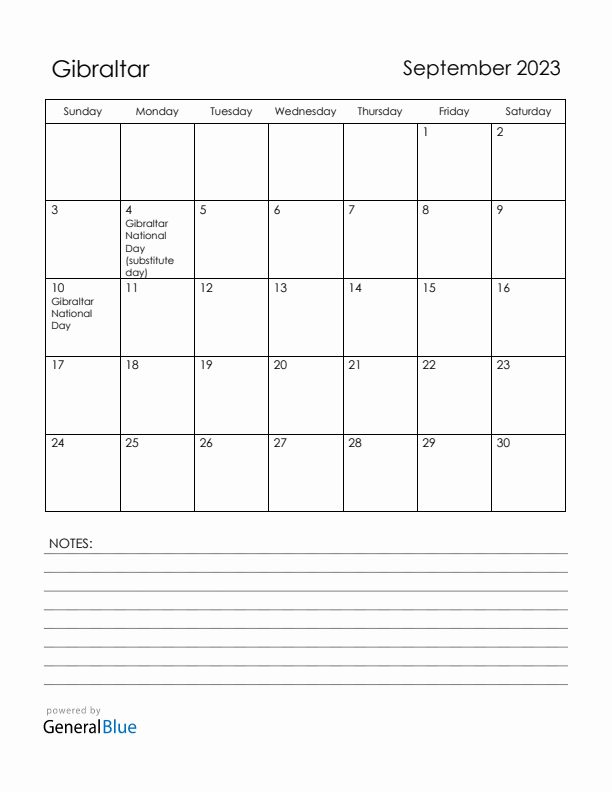 September 2023 Gibraltar Calendar with Holidays (Sunday Start)