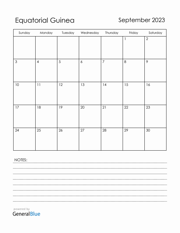 September 2023 Equatorial Guinea Calendar with Holidays (Sunday Start)