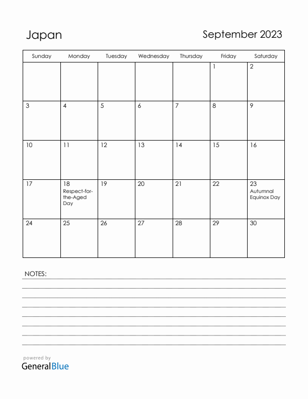 September 2023 Japan Calendar with Holidays (Sunday Start)