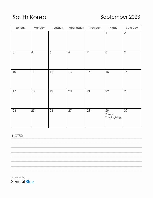 September 2023 South Korea Calendar with Holidays (Sunday Start)