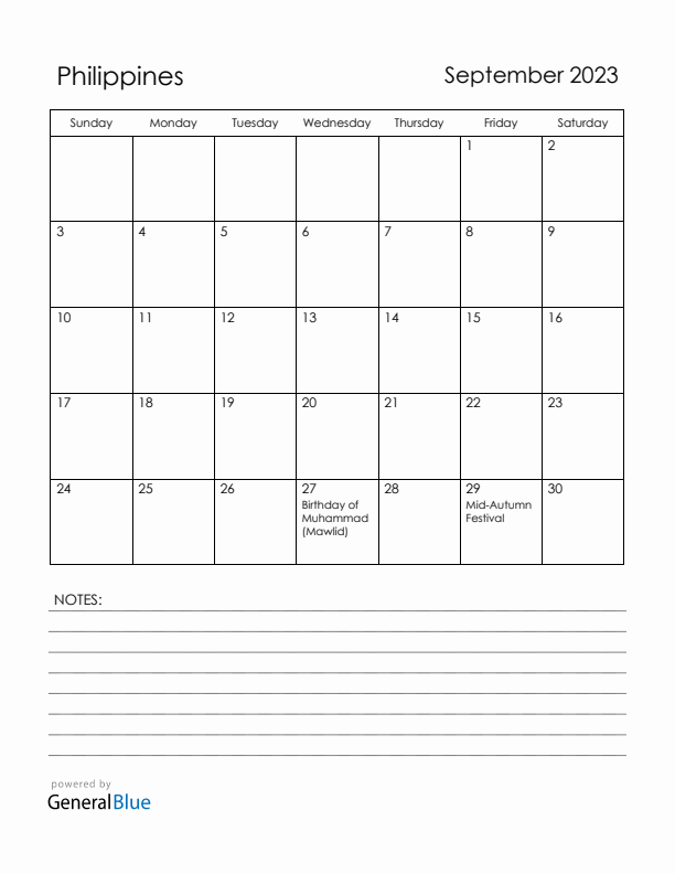 September 2023 Philippines Calendar with Holidays (Sunday Start)