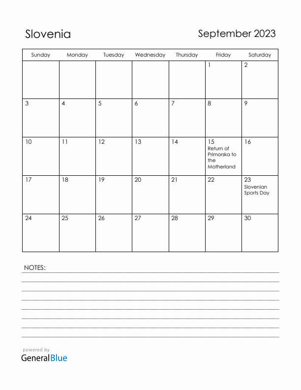 September 2023 Slovenia Calendar with Holidays (Sunday Start)