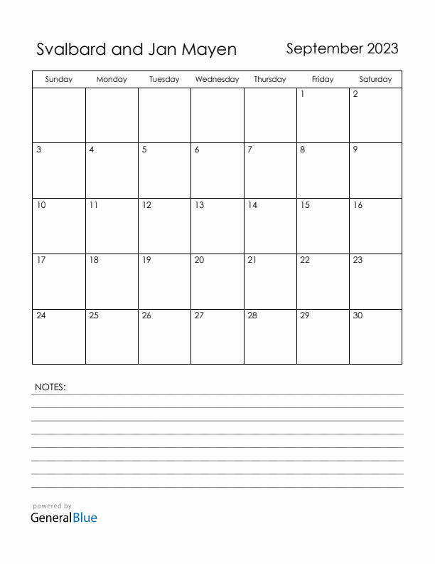 September 2023 Svalbard and Jan Mayen Calendar with Holidays (Sunday Start)