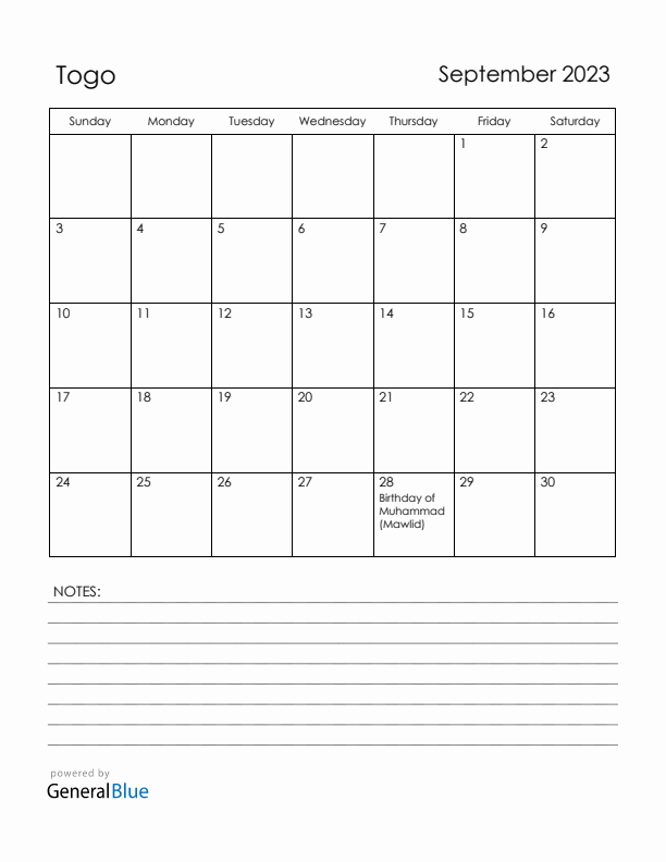 September 2023 Togo Calendar with Holidays (Sunday Start)