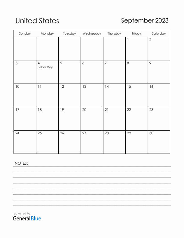 September 2023 United States Calendar with Holidays (Sunday Start)