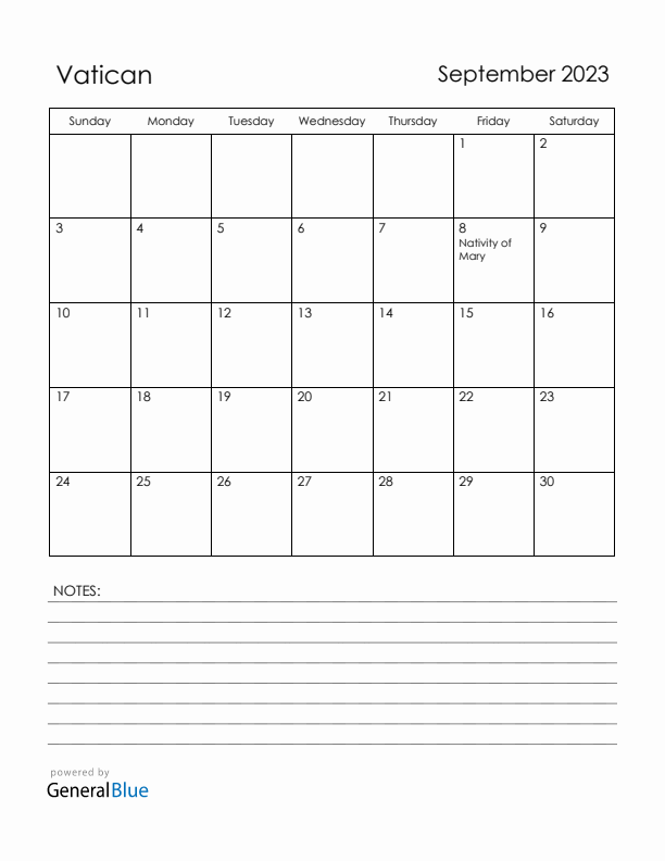 September 2023 Vatican Calendar with Holidays (Sunday Start)