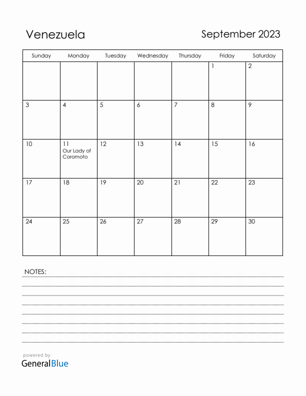 September 2023 Venezuela Calendar with Holidays (Sunday Start)