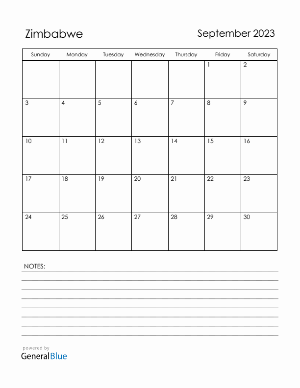 September 2023 Zimbabwe Calendar with Holidays (Sunday Start)