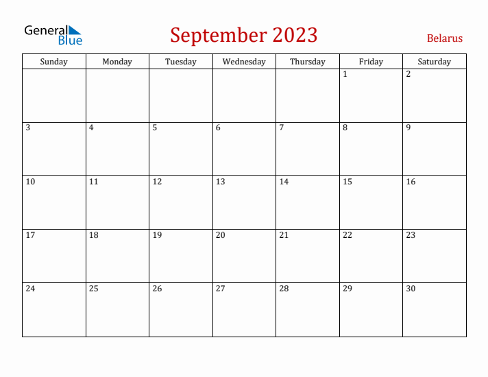 Belarus September 2023 Calendar - Sunday Start