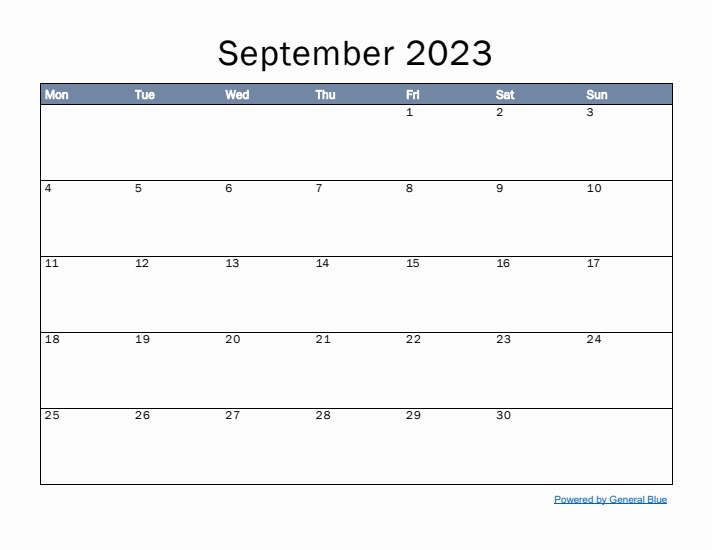 September 2023 Simple Month Calendar Template