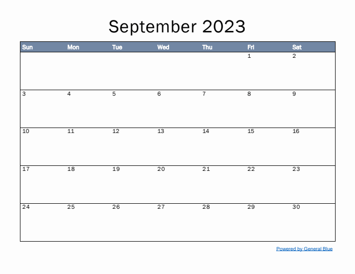 September 2023 Simple Month Calendar Template