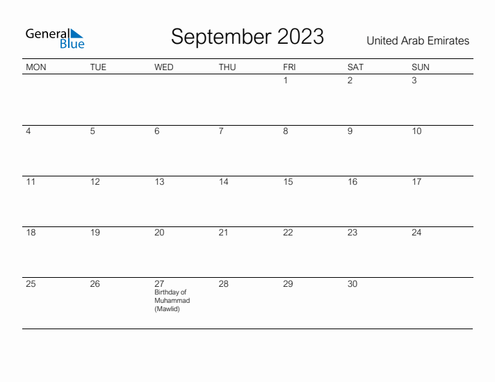 Printable September 2023 Calendar for United Arab Emirates