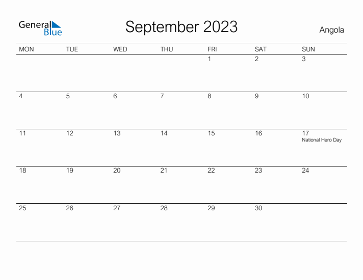 Printable September 2023 Calendar for Angola