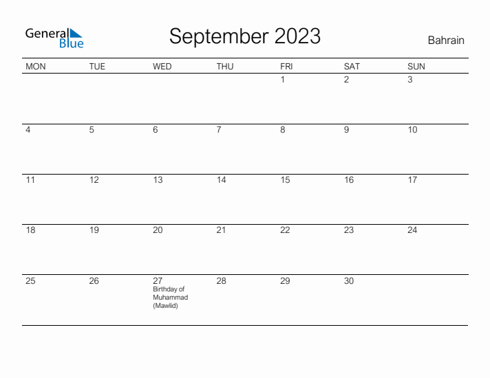 Printable September 2023 Calendar for Bahrain