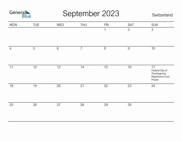 Printable September 2023 Calendar for Switzerland