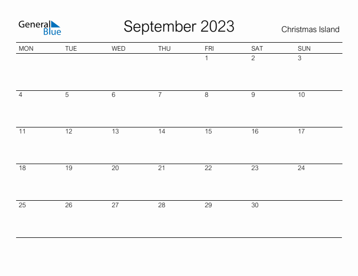 Printable September 2023 Calendar for Christmas Island