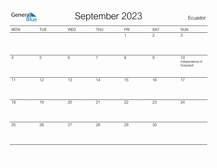 Printable September 2023 Calendar for Ecuador