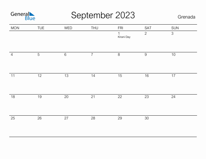 Printable September 2023 Calendar for Grenada