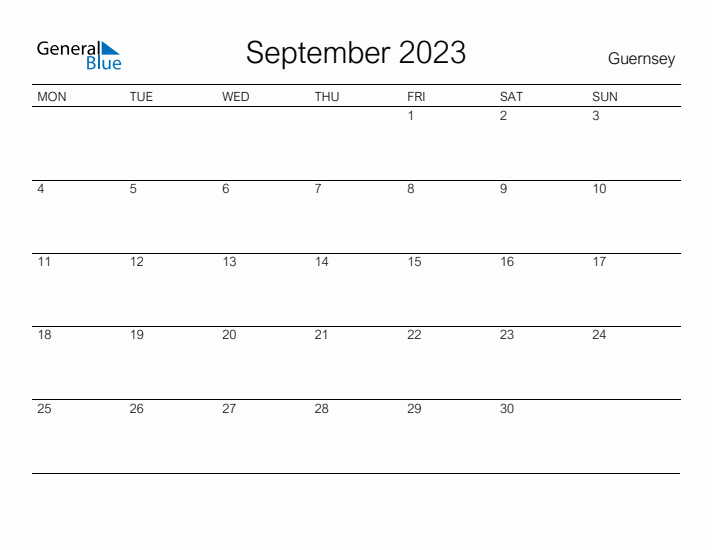 Printable September 2023 Calendar for Guernsey