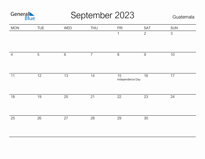 Printable September 2023 Calendar for Guatemala