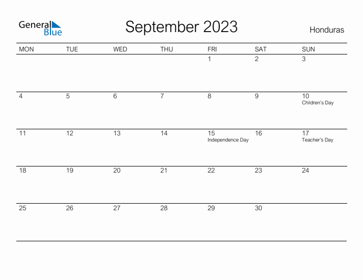 Printable September 2023 Calendar for Honduras