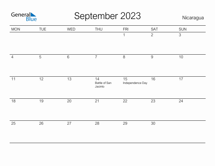 Printable September 2023 Calendar for Nicaragua