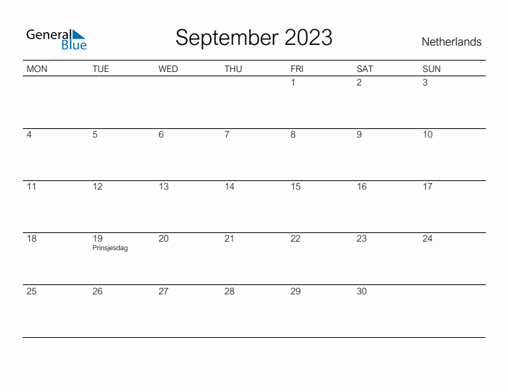 Printable September 2023 Calendar for The Netherlands