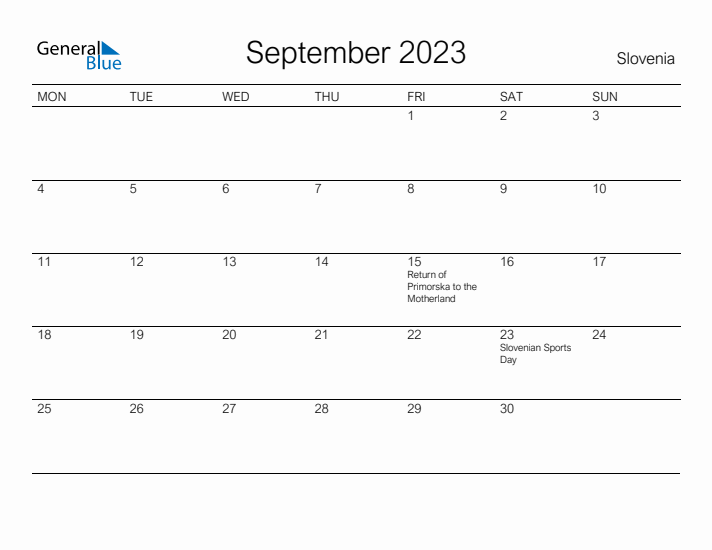 Printable September 2023 Calendar for Slovenia