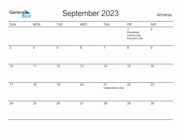 Printable September 2023 Calendar for Armenia