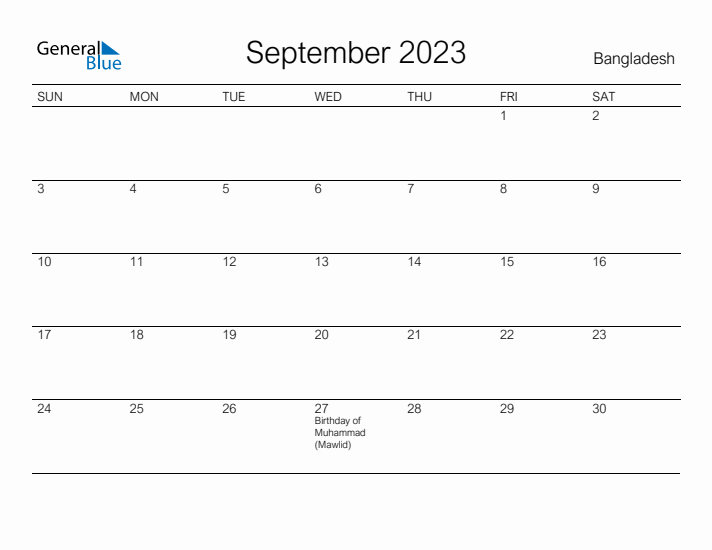 Printable September 2023 Calendar for Bangladesh