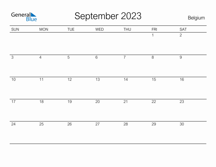 Printable September 2023 Calendar for Belgium